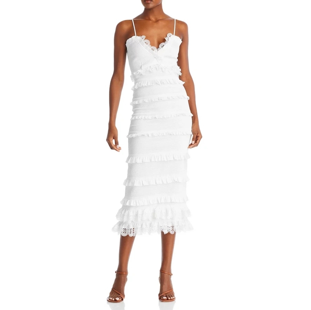 V. Chapman White Ruffled Tiered Midi Dress